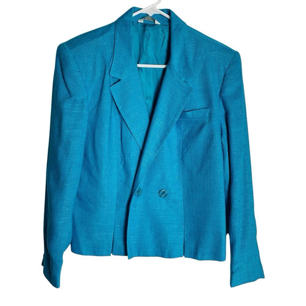 Vintage‎ Gilmor Blazer Jacket Womens 10 Turquoise Rayon Flax Double Breasted